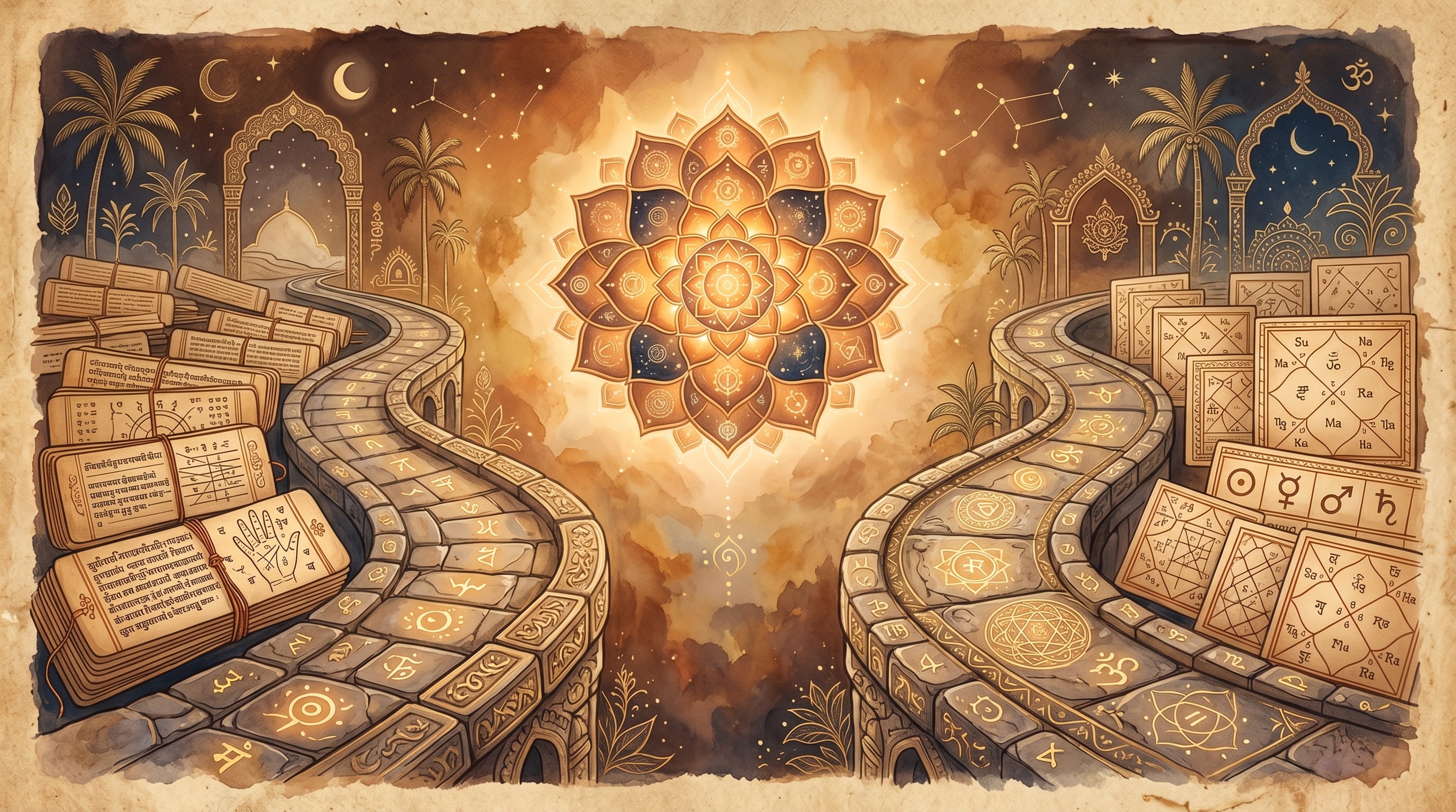 Two ornate ancient paths — one of palm-leaf manuscripts, one of kundli charts — converging at a glowing lotus mandala